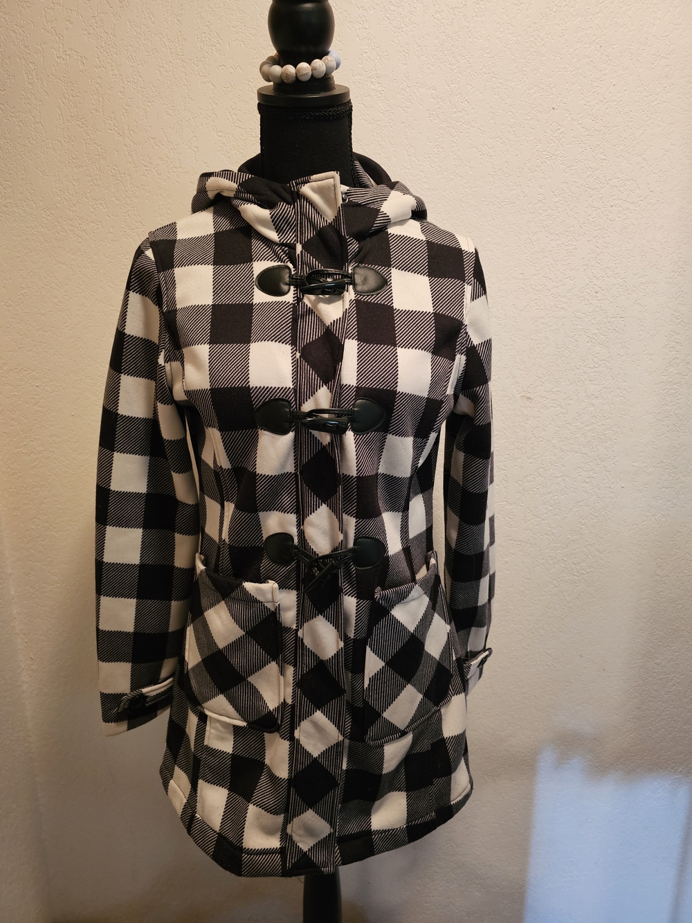 Big Chill Black and White Plaid Hooded Toggle Pea Coat